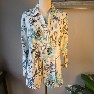 Hot Cotton 100% Linen Blue Floral Button Down‎ Pintucked Tunic Shirt Top Small
